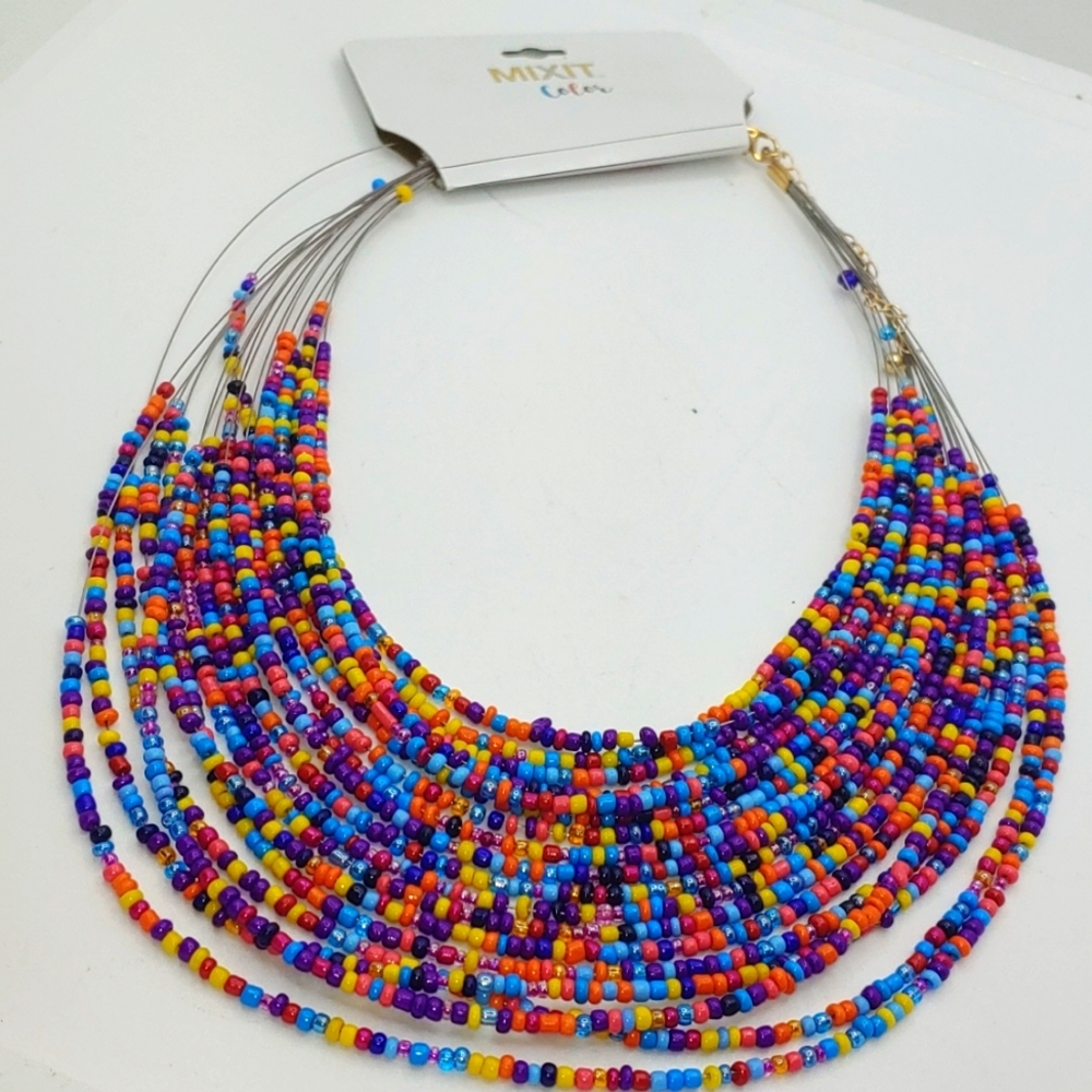 MIXIT Color Layered Beaded Necklace Yellow Blue Beads Tribal Festival